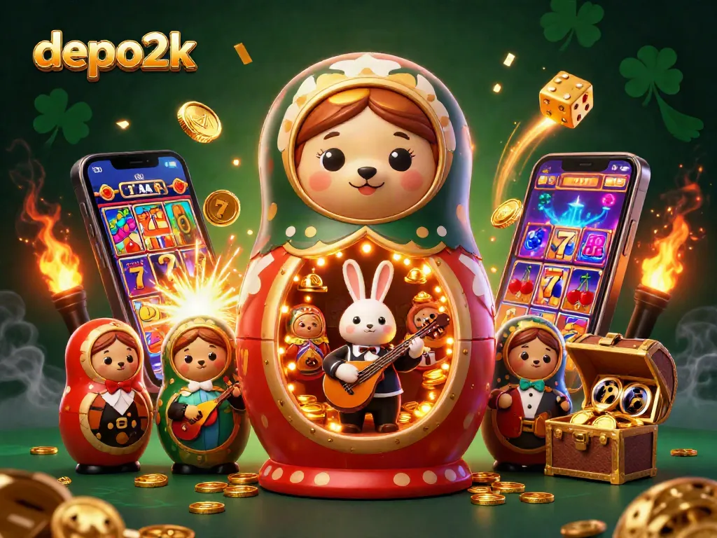 Engage in thrilling action with depo2k at a vibrant 3D casino scene featuring dynamic slot machines and charming characters.