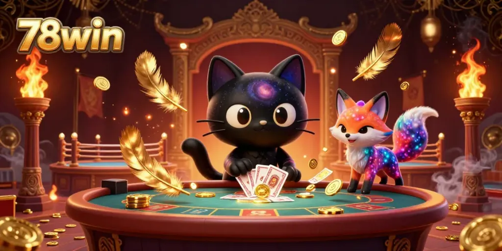 Experience the cosmic thrill of 78win in this vibrant casino scene featuring a black hole cat and nebula fox.