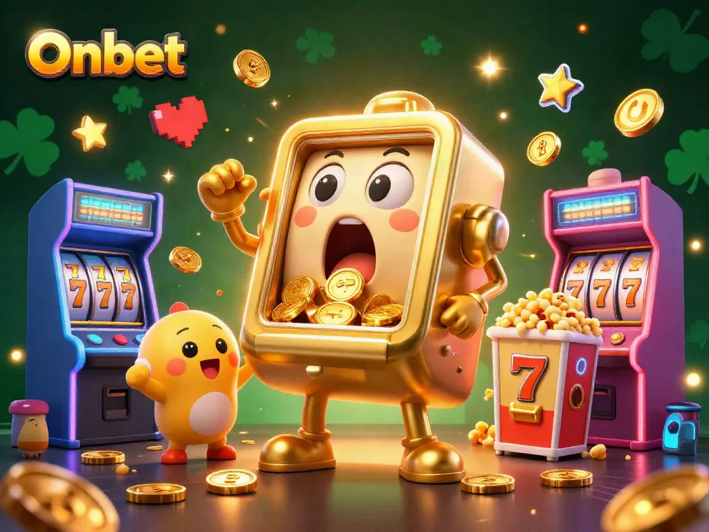 Onbet showcases a golden slot machine hitting a jackpot amidst vibrant casino elements and cheering companions.