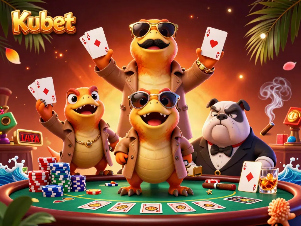 Kubet players strategizing at a vibrant poker table surrounded by colorful chips and drinks.