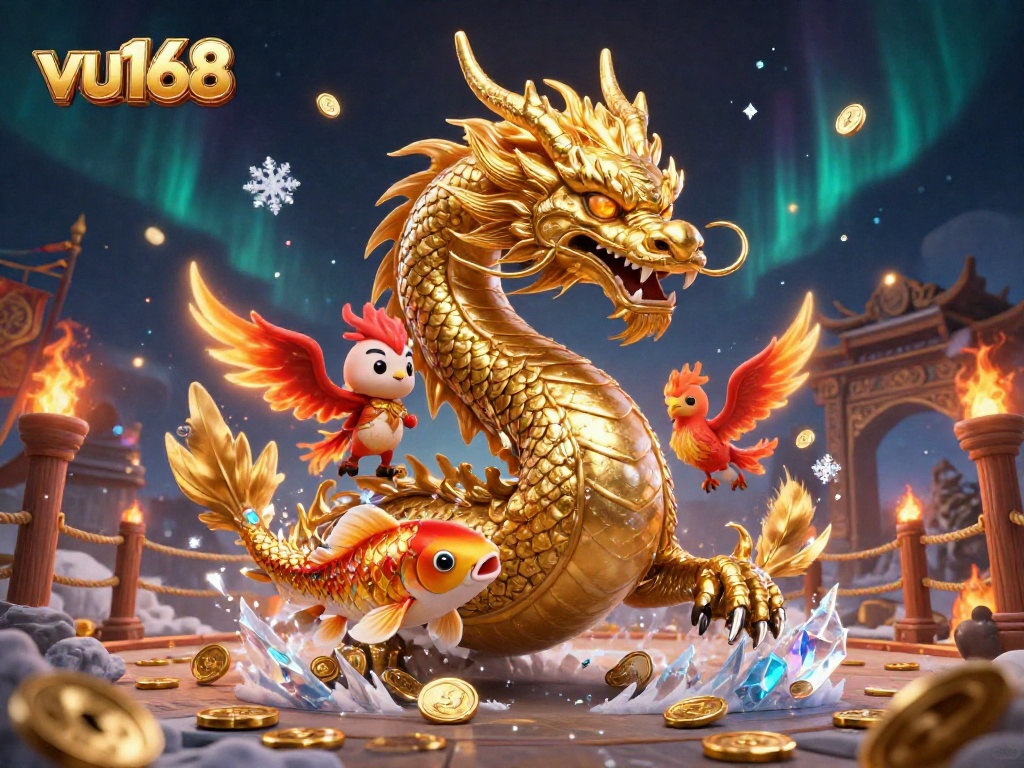 Engage with vu168 as a golden dragon and phoenix navigate a vibrant casino realm filled with coins and excitement.