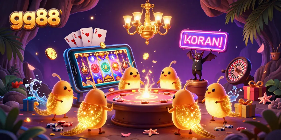 Engage with gg88's vibrant cave casino scene, illuminated by glowworms and filled with gaming elements.