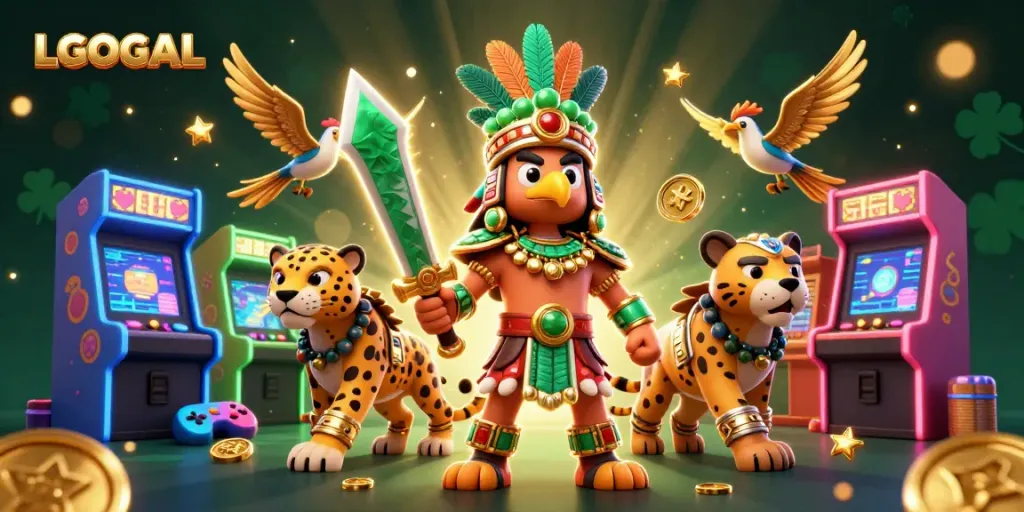 Experience thrilling gameplay at LGOGOAL with an Aztec warrior, a jaguar companion, and colorful game elements.