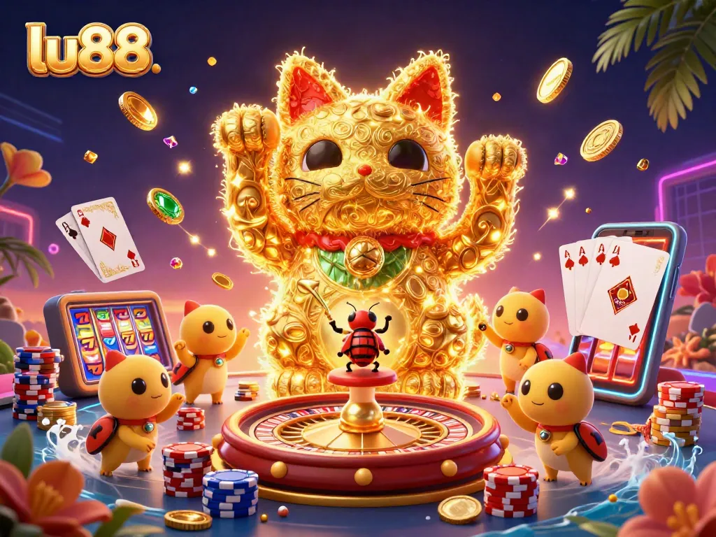 Experience the thrill of winning at lu88 with dynamic visuals of a lucky cat, casino symbols, and vibrant game elements.