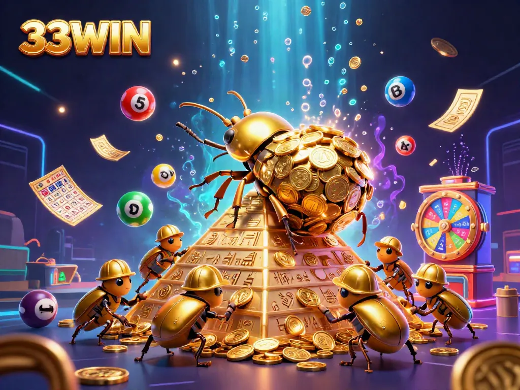Experience excitement with 33WIN in a dynamic lottery scene filled with vibrant balls and golden rewards.