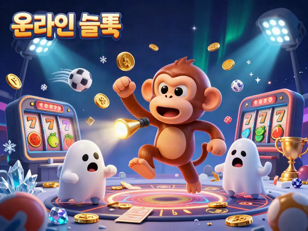 온라인슬롯에서 황금 물체를 가지고 조화를 이루며 회전하는 슬롯 기계의 만화 같은 장면을 연출합니다.