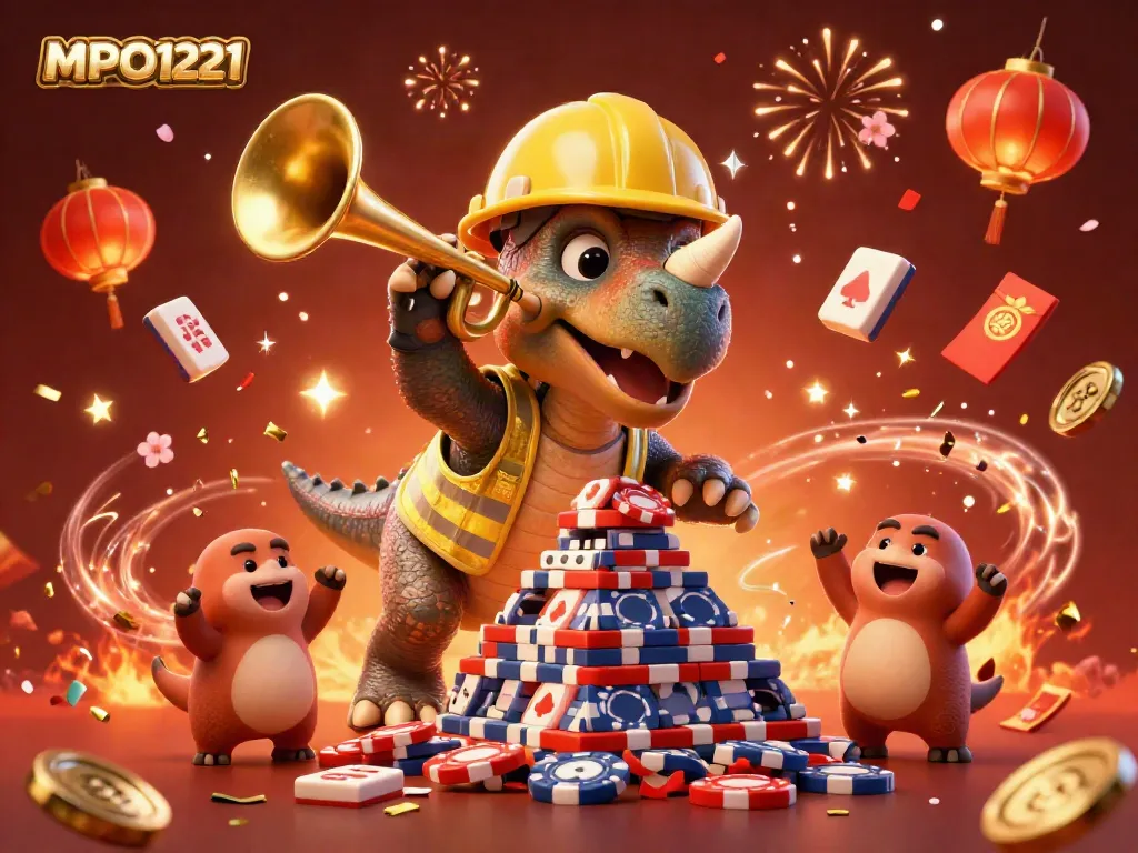 MPO1221's dynamic illustration celebrates with a cheerful triceratops and friends in a vibrant casino setting.