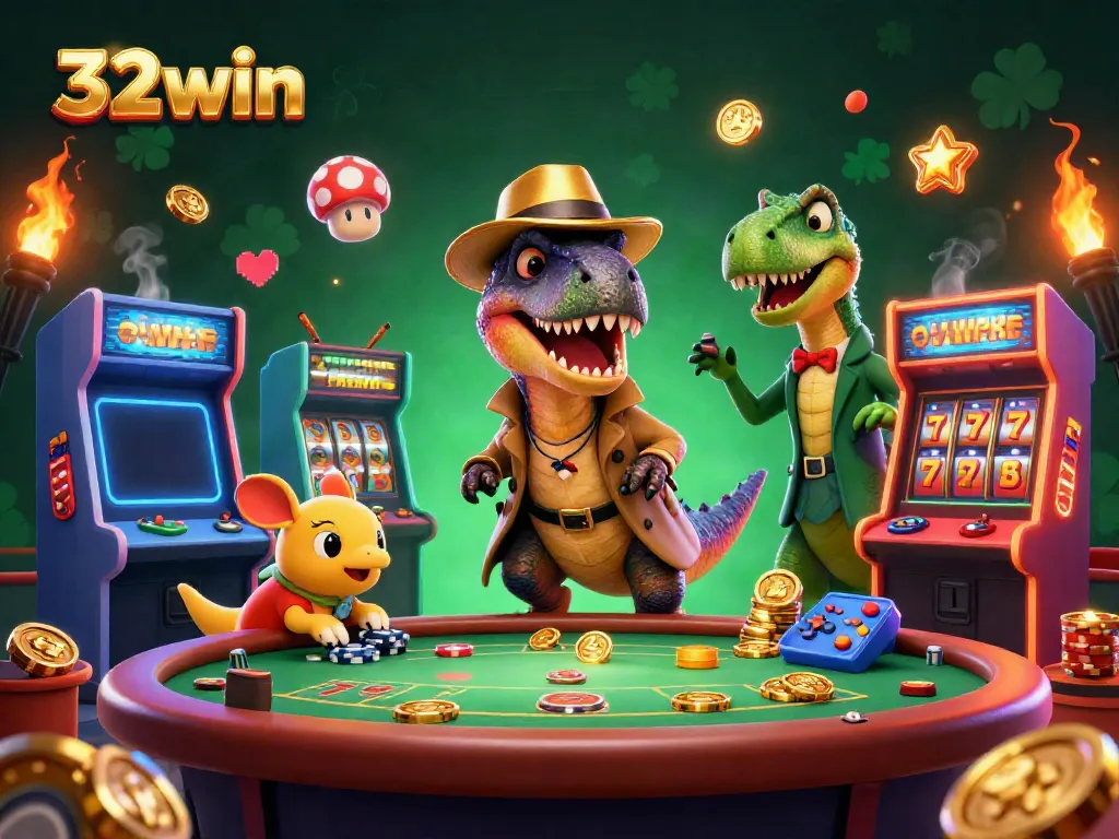 32win velociraptor and stegosaurus in a vibrant casino scene, showcasing dynamic gaming action.