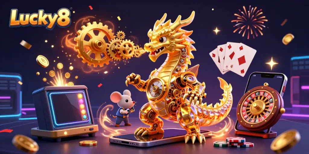 Engage with Lucky8's vibrant 3D casino world, featuring a golden dragon and striking game elements.