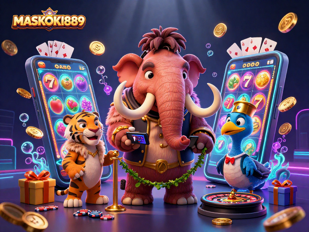 Engage with MASKOKI889's exciting 3D casino scene featuring a woolly mammoth bouncer and a VIP saber-tooth guest.