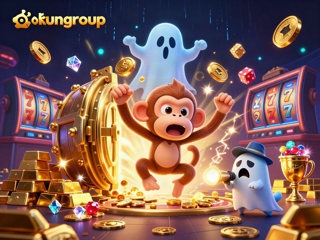 Experience the excitement at okfungroup with a whimsical 3D illustration of a mischievous monkey juggling casino treasures.