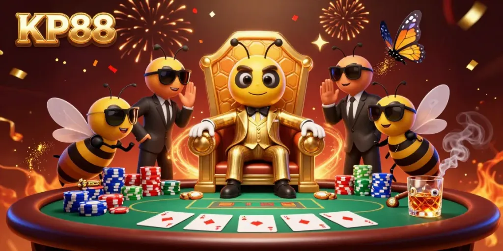 Engage with KP88 in a vibrant 3D casino scene featuring a bumblebee mob boss and wasp bodyguards.