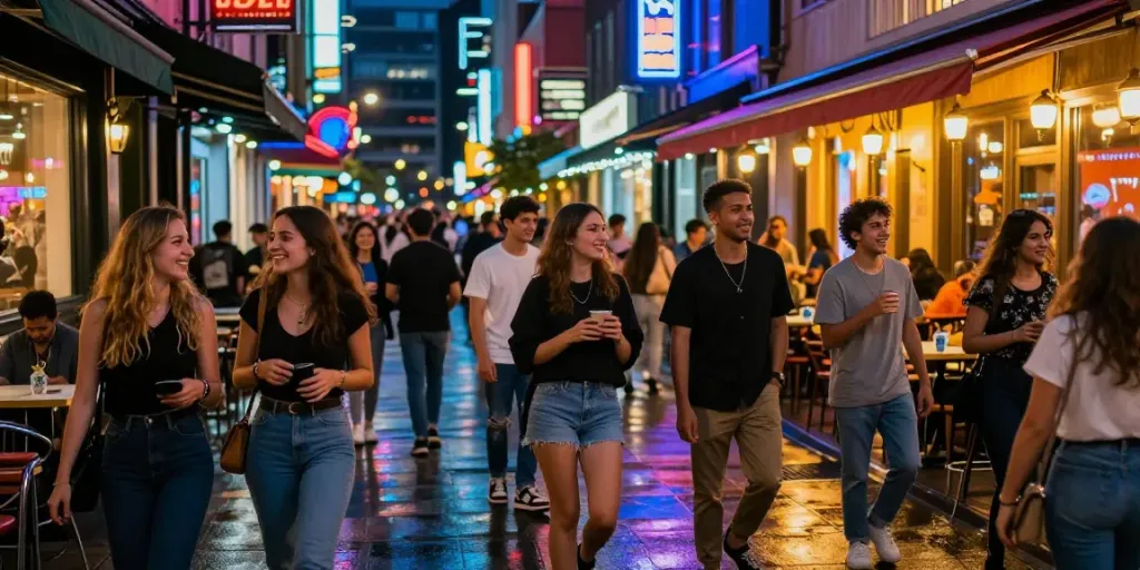 Suasana malam kota yang ramai dengan orang-orang menikmati kehidupan, menciptakan momen berbagi dan tawa dengan lampu neon berkilau. link bokep dalam konteks hiburan malam ini.
