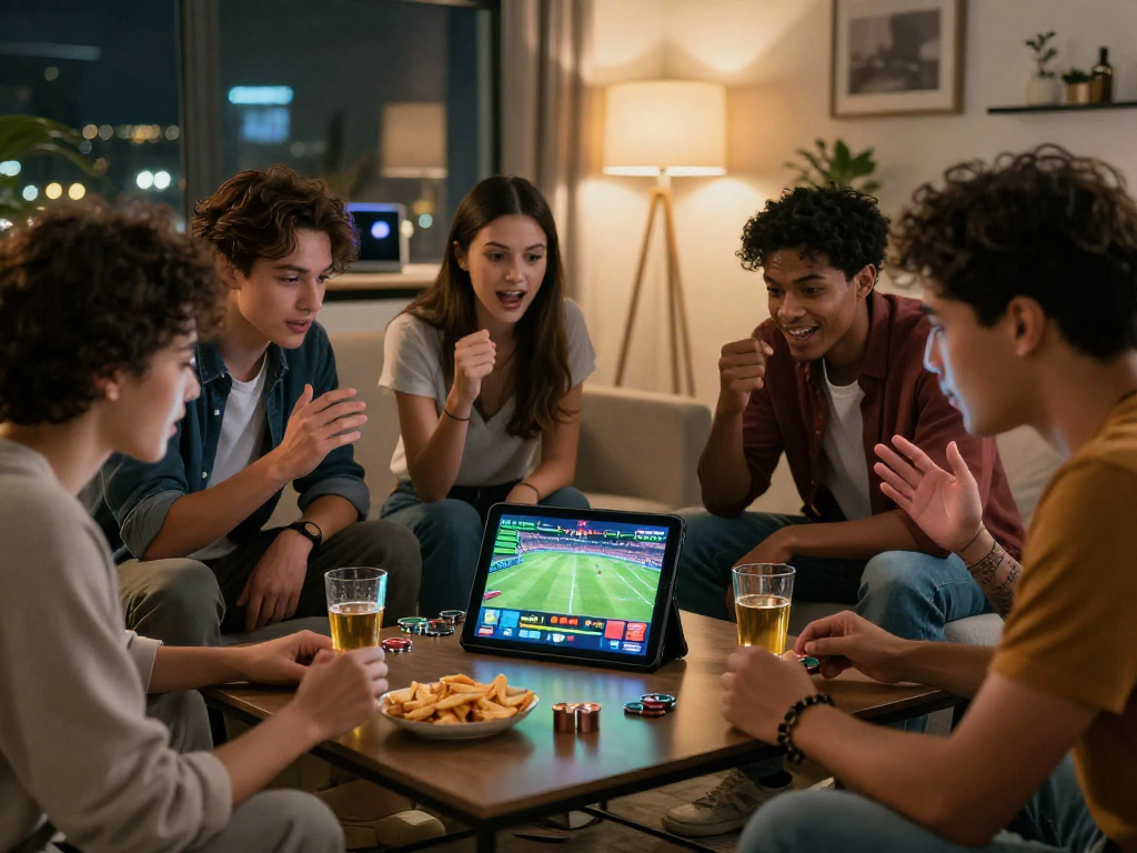 Pengalaman bertaruh online di https://bos88ap.com/ di ruang tamu yang ramai dengan teman-teman menikmati pertandingan sepak bola.