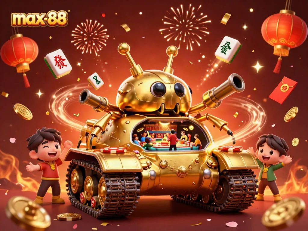 Max-88 unleashes excitement in a vibrant, dynamic casino scene filled with games and celebrations.