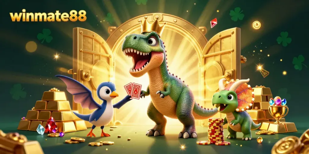 Experience the excitement of winmate88 with a vibrant 3D scene featuring unique characters and casino elements.