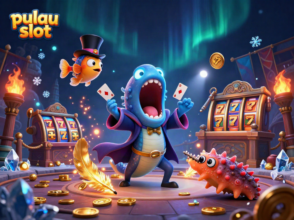 Engage in pulau slot fun with magical underwater characters performing tricks in a vibrant casino scene.
