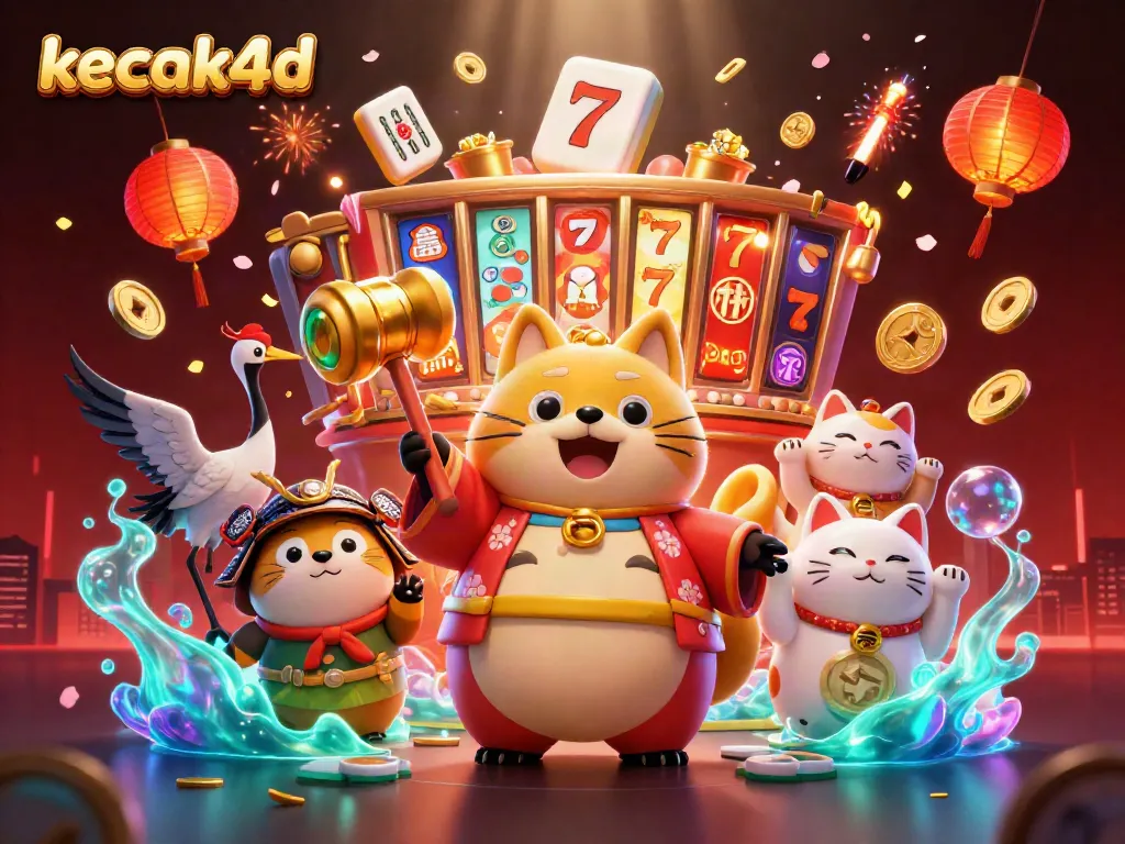 Kecak4d brings a vibrant casino scene with a cheerful tanuki and traditional festival elements.