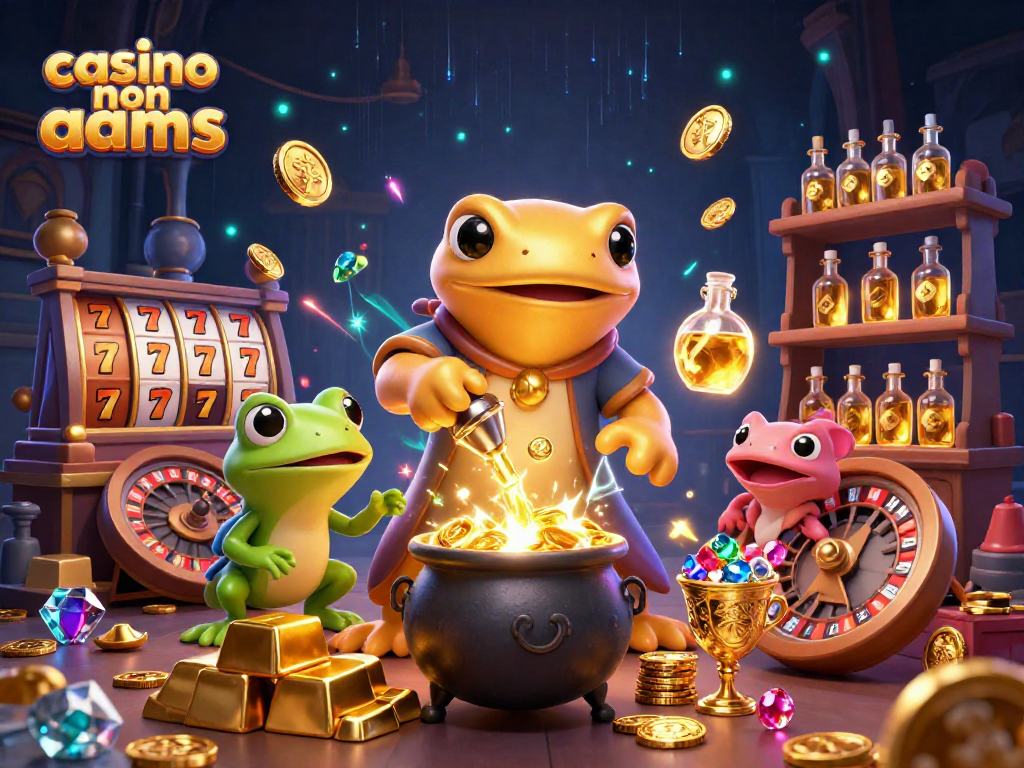 Illustrazione 3D che rappresenta il mondo del casino non AAMS, con alchimista dorato e simboli di gioco.