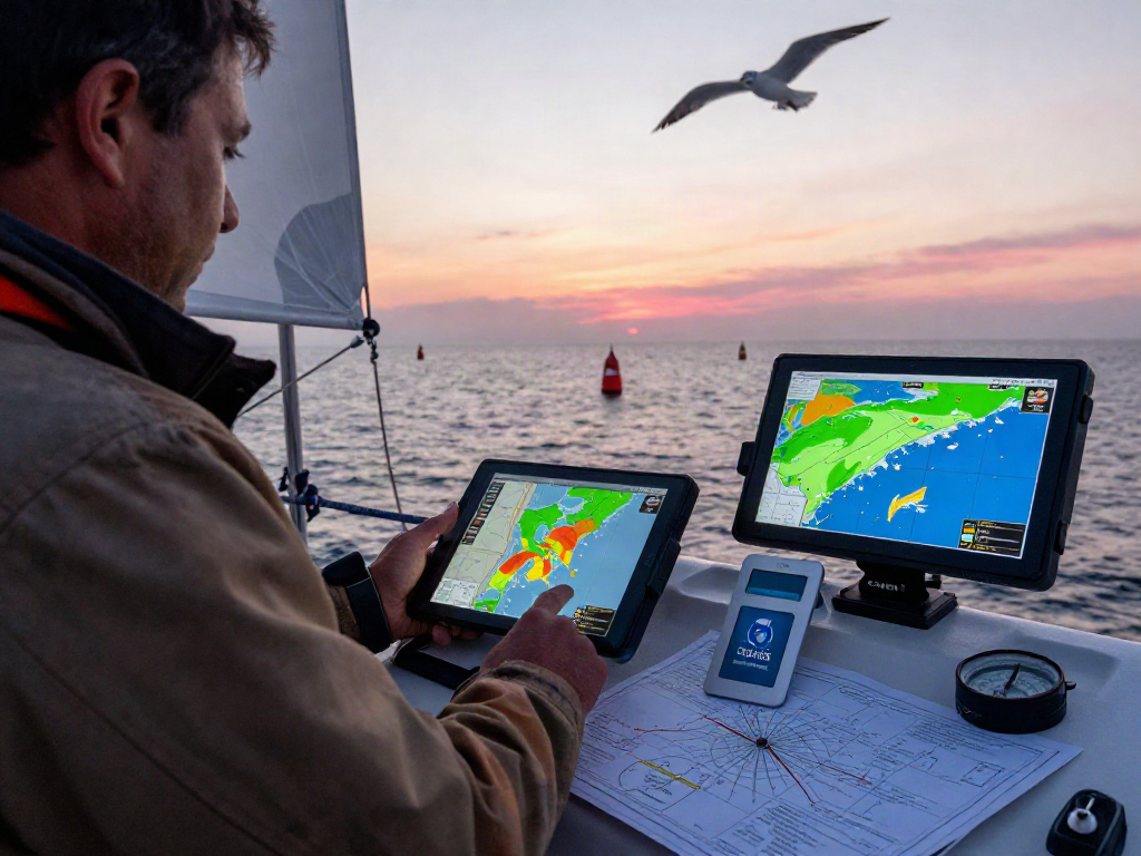 Sailor using tablet to analyze weather patterns on boat with slot qris payment integration.