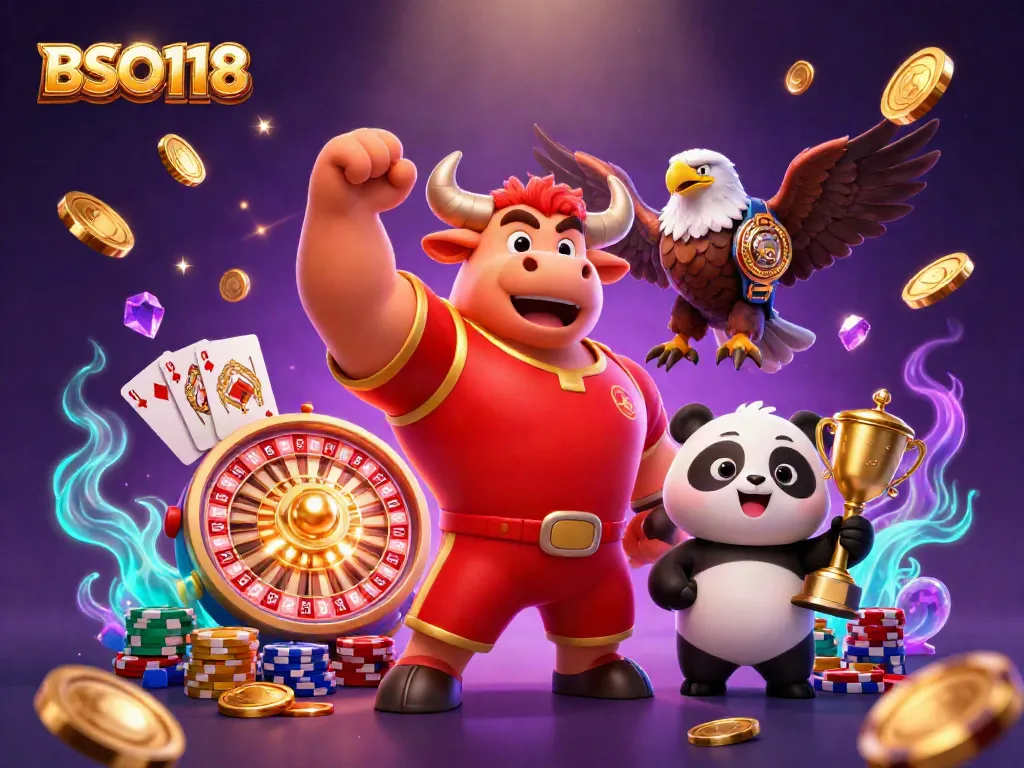 Experience the thrills of BSO118 with a bull mascot, eagle, and panda in a vibrant casino scene.