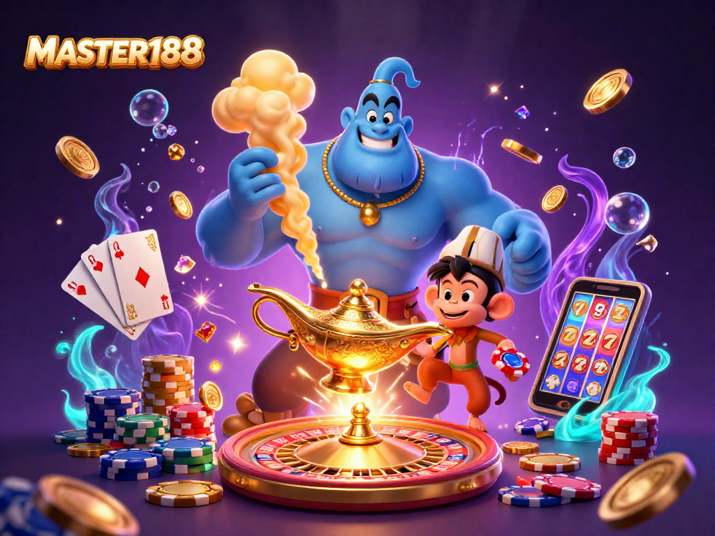 MASTER188 features a magical genie, poker chips, and casino elements flying in a dynamic gambling scene.