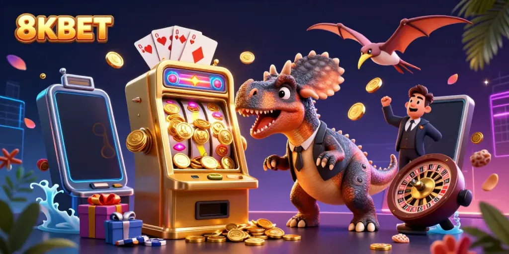 Experience the excitement at 8KBET with a dinosaur jackpot scene featuring vibrant gaming elements.