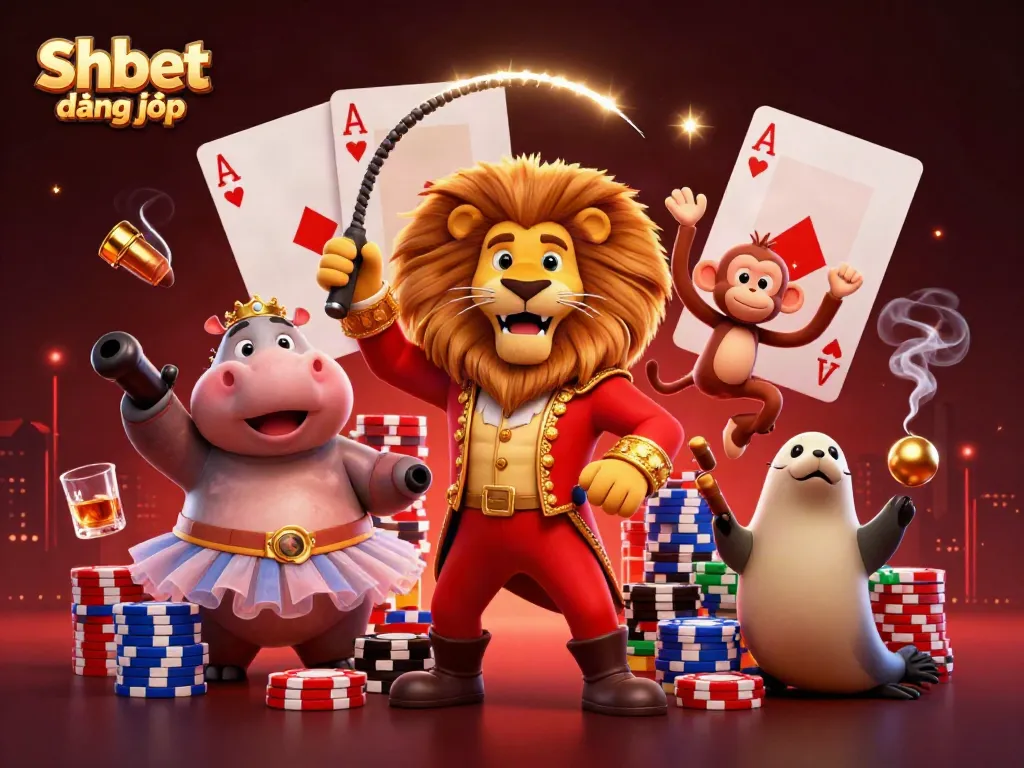 Engage in action with Shbet đăng nhập as 3D cartoon characters play exciting casino games amidst a vibrant scene.