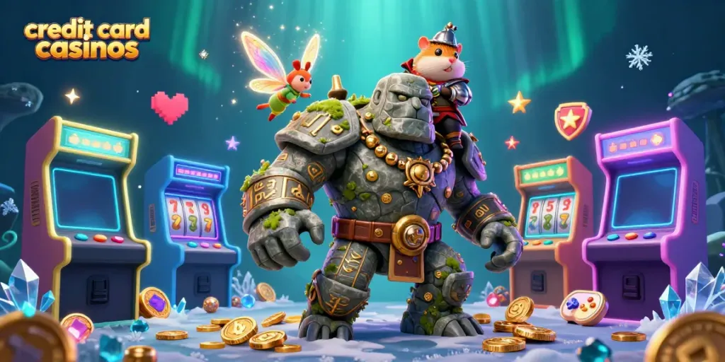 Experience thrilling moments at credit card casinos with enchanting characters and vibrant casino elements.