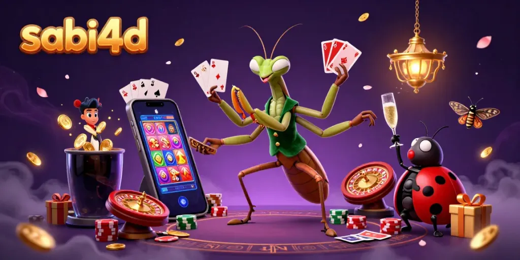Gambarkan pemain memenangkan hadiah di SABI4D dalam suasana kasino yang meriah dengan permainan slot dan kartu.