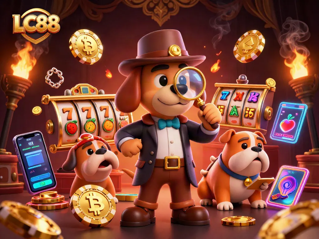 LC88 offers a thrilling slot experience with a detective and poker chip clue in this vibrant casino scene.