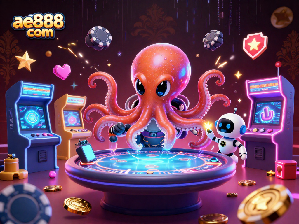 Experience the thrill of ae888 com with a vibrant 3D alien octopus at a poker table.