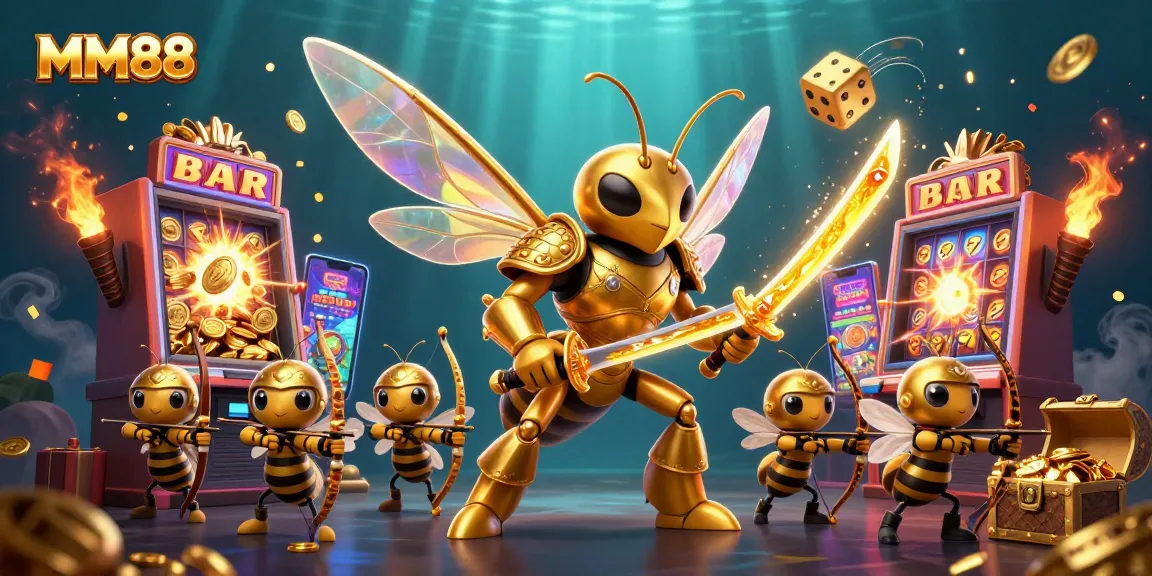 MM88 showcases a vibrant 3D hornet samurai amidst slot machines and casino elements, capturing the excitement of gaming.