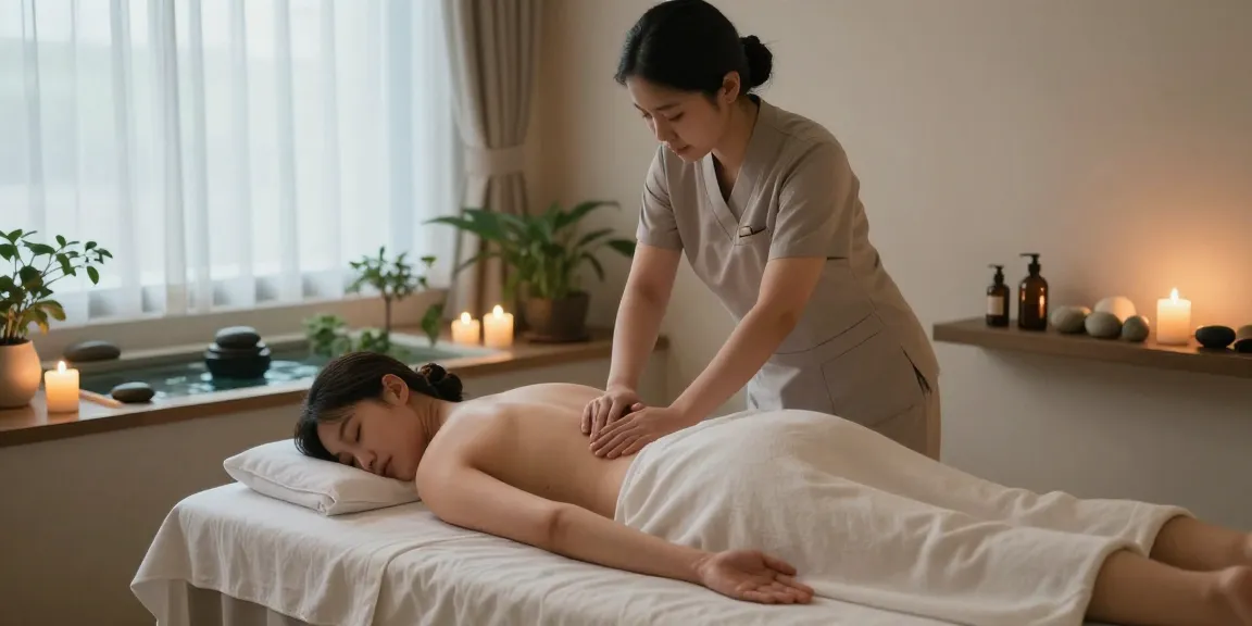 Relaxing spa scene of 마포출장안마, massage therapist providing a soothing treatment in a tranquil atmosphere with aromatic candles and herbal oils.