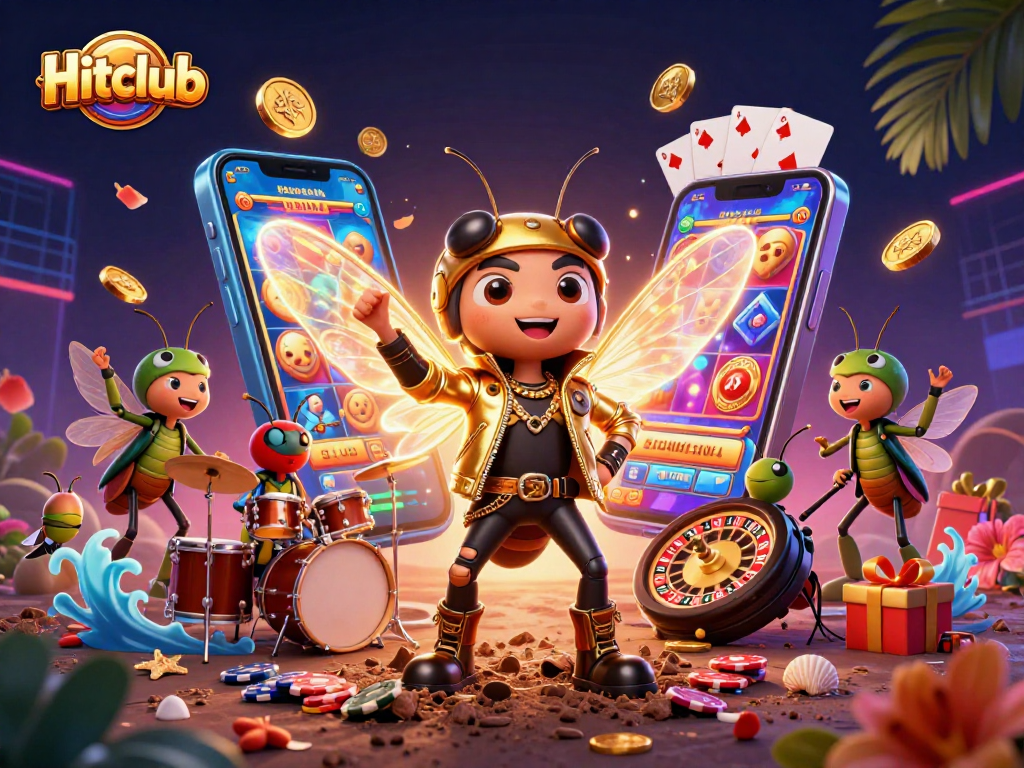 Hitclub's exhilarating scene with a rock star cicada, beetle drummer, and vibrant casino elements erupting with excitement.