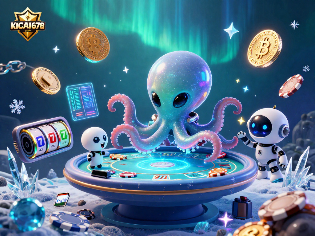 Play poker with KICAU678 and extraterrestrial friends in a vibrant, illuminated casino setting.