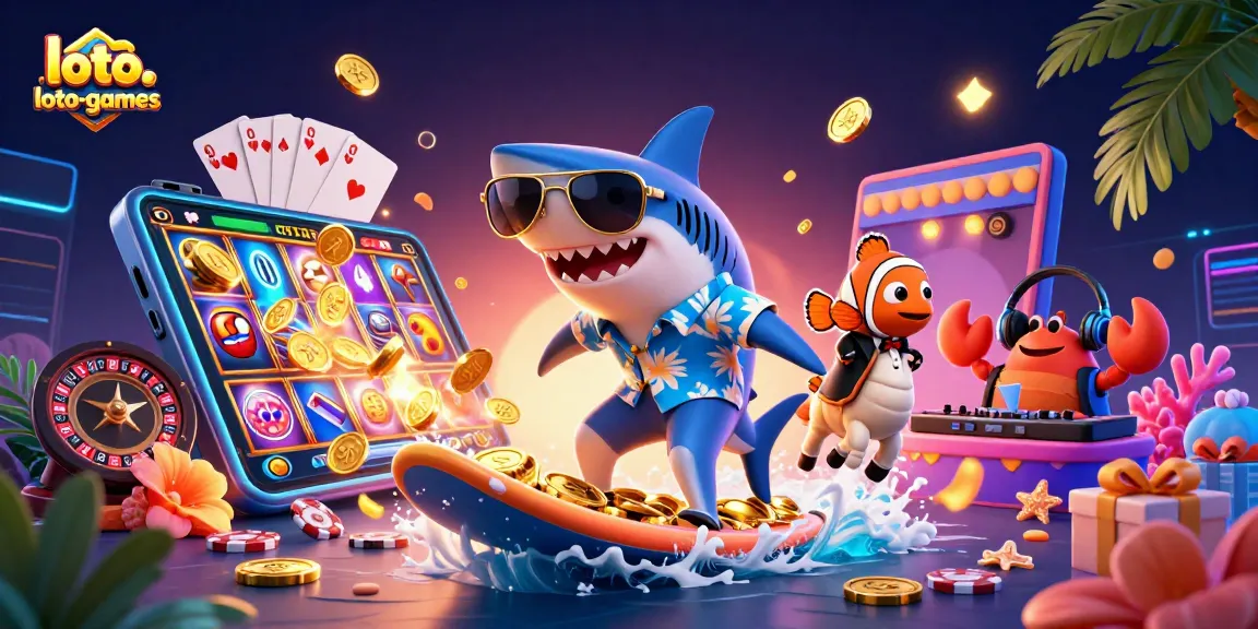 Experience thrilling fun with loto-games featuring a hammer-head shark surfing on gold coins.