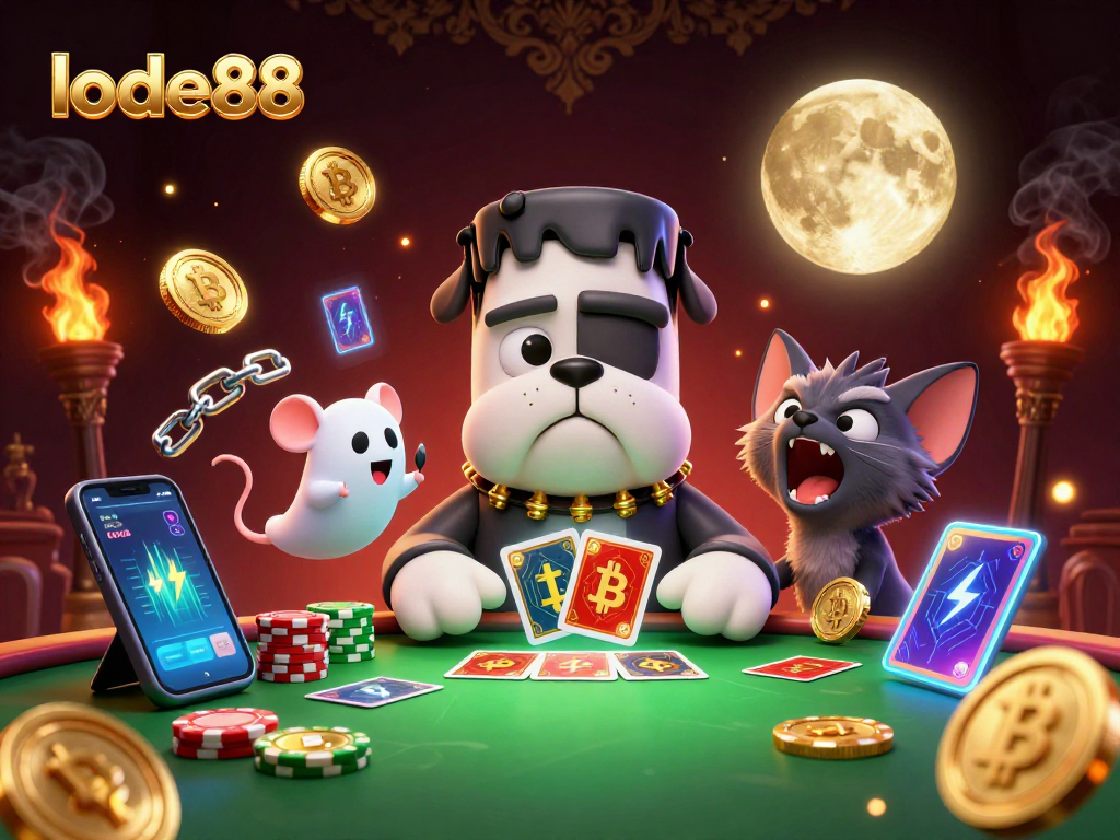 Engage in thrilling gameplay at lode88 with a dynamic illustrated scene of a Frankenstein bulldog and ghost mouse.