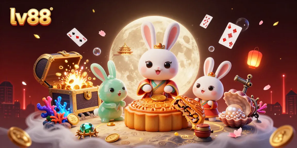 Experience the thrill of lv88 with animated moon rabbit characters revealing poker chips amidst vibrant casino elements.