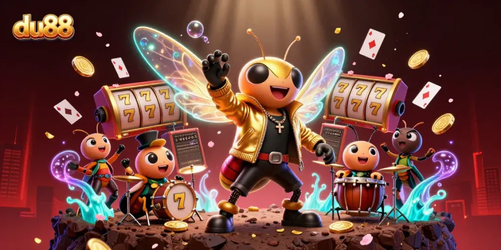 Experience vibrant gameplay with du88's cartoon rock star and dynamic casino elements in this colorful illustration.