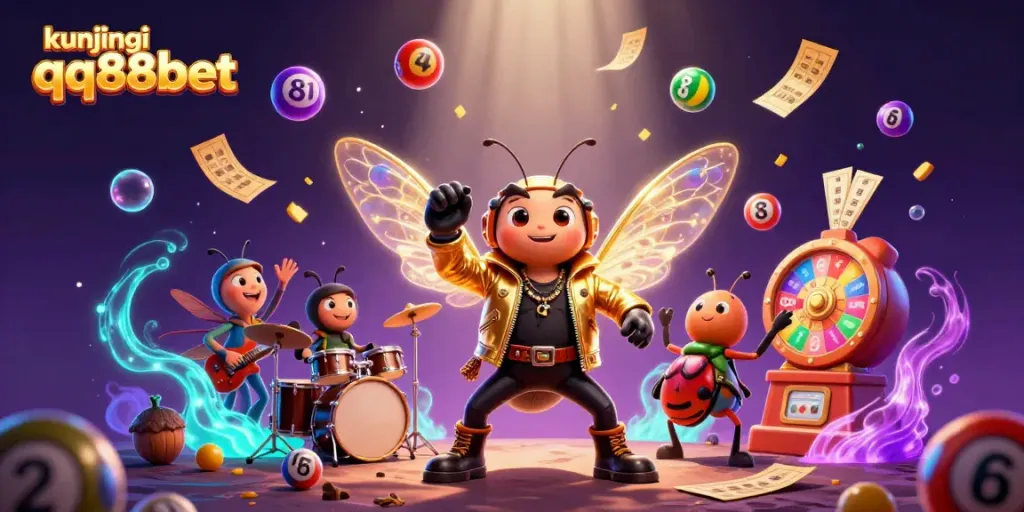Kunjungi QQ88BET to see an animated scene of a rock star cicada and friends performing in a vibrant casino world.