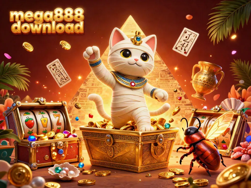 Experience the mega888 download excitement with an Egyptian mummy cat in a pyramid casino, surrounded by slot machines and treasures.