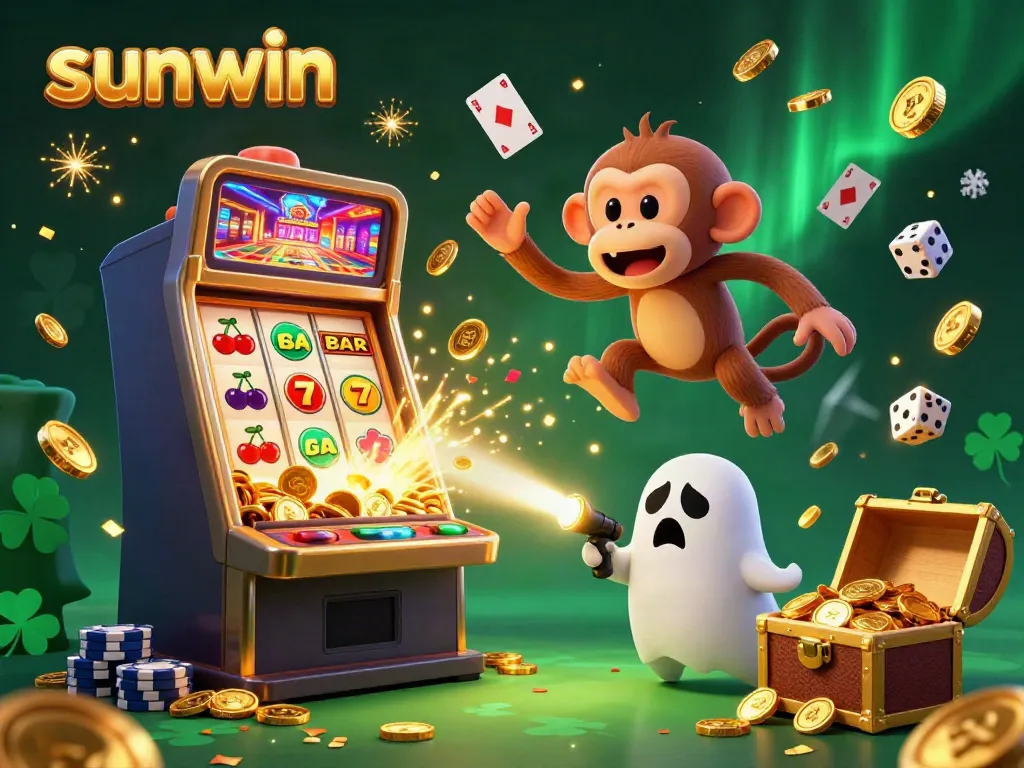 Experience the excitement of Sunwin as a poltergeist monkey juggles casino treasures in a vibrant illustration.