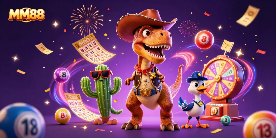 Join the excitement with MM88 as the T-Rex wins big among colorful lottery elements!