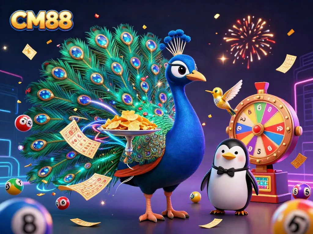 Experience the excitement of CM88 with vibrant lottery elements and colorful casino characters
