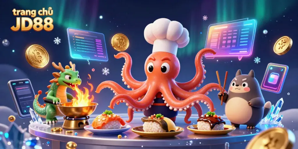 Experience the excitement of trang chủ JD88 with a dynamic 3D casino scene featuring vibrant characters and elements.