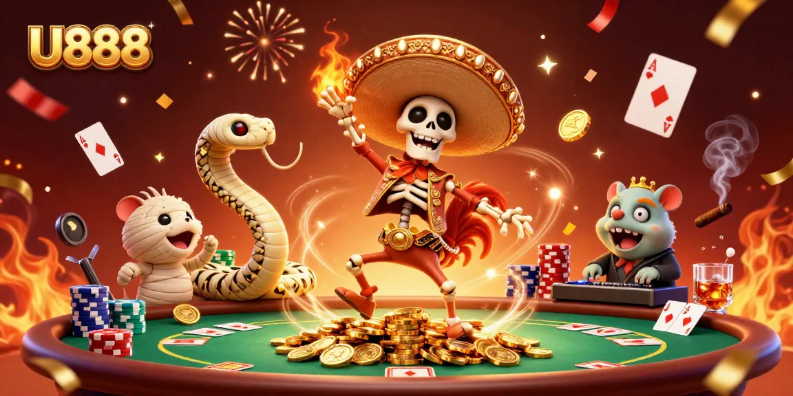 U888 showcases a lively victory dance scene with characters and poker elements, capturing the thrill of gambling.