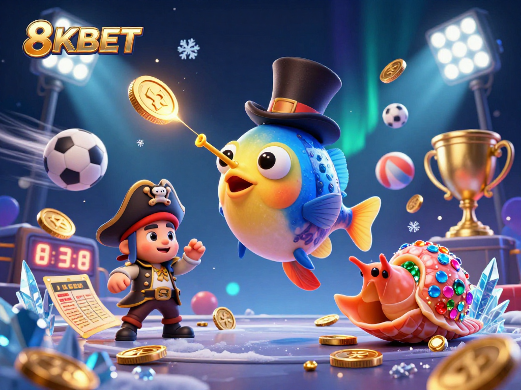 8KBET attracts golden coins in a vibrant underwater casino scene with lively characters and sports elements.