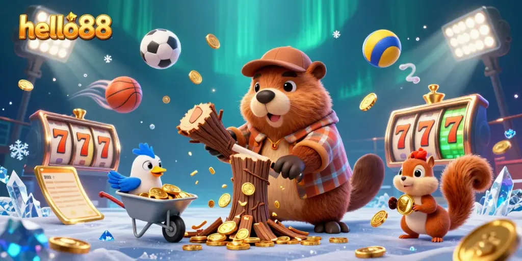 Engage with exciting gameplay at hello88 featuring beaver, coins, and slot reels in a vibrant scene.