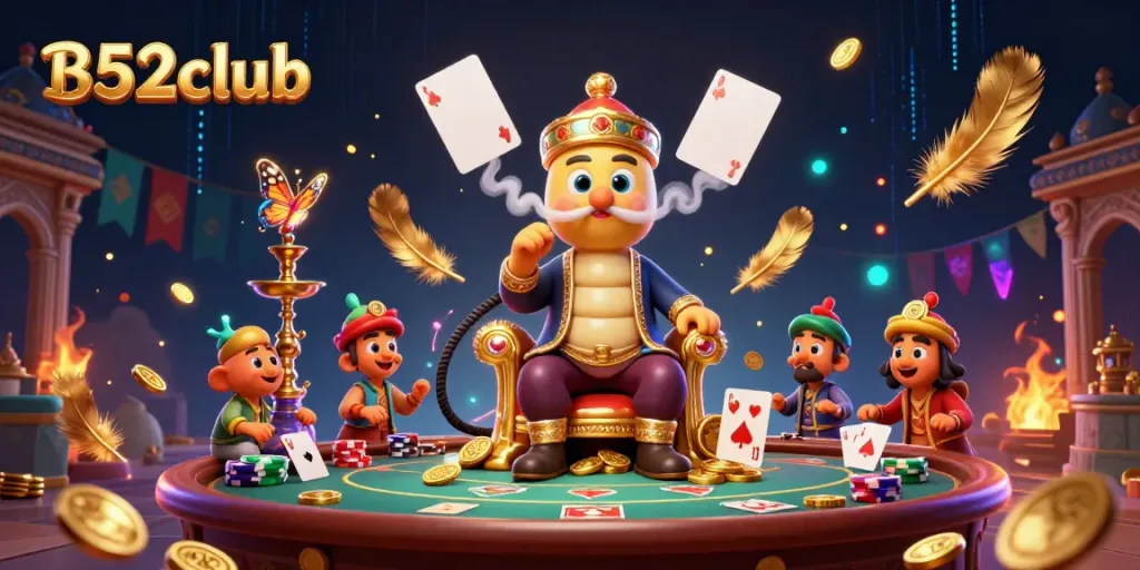 Join the action at B52club, where a vibrant poker game scene features colorful chips and cards.